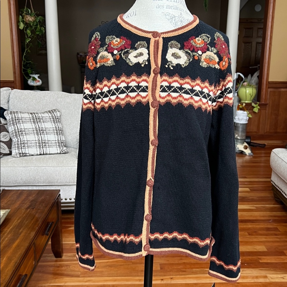 Erika Black Cardigan Sweater Floral Embroidery Women’s Large NWT Ramie Cotton
